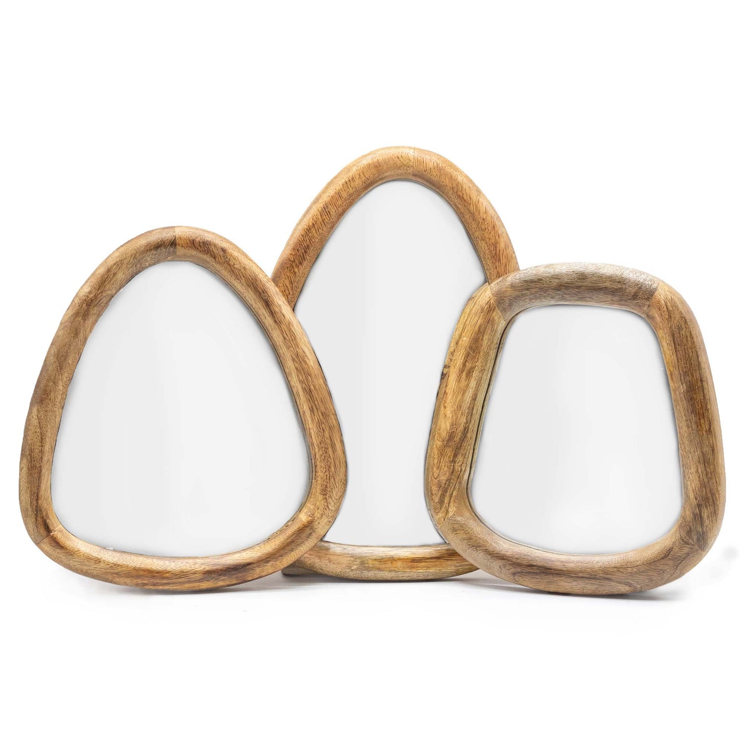 Three organic pebble shaped mirrors with dark brown wooden frames arranged on a plain wall.
