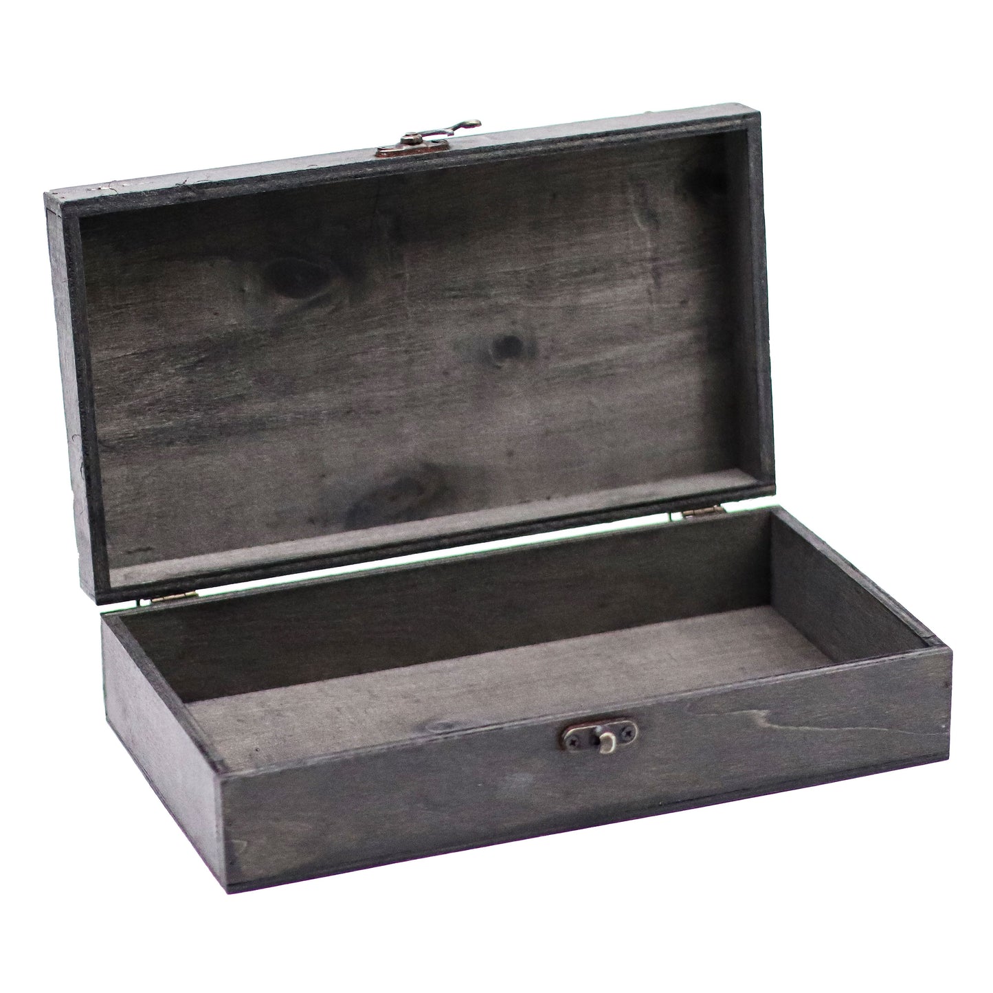 Elegant grey wooden storage box with a vintage design and a latched lid, perfect for tea or gifts.