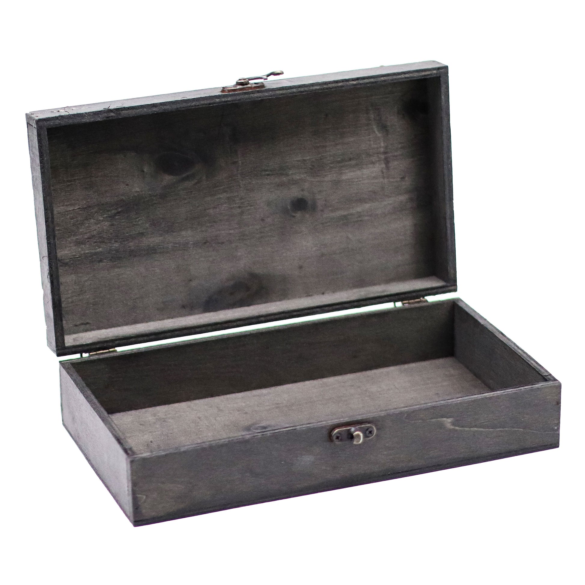 Elegant grey wooden storage box with a vintage design and a latched lid, perfect for tea or gifts.