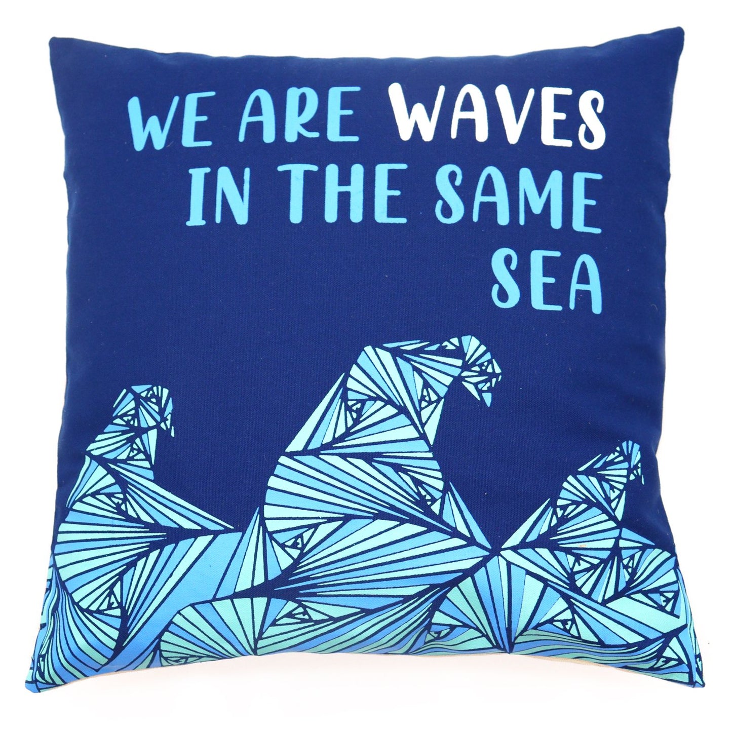 Square cotton cushion cover featuring a printed wave design in grey, blue, and natural cream colours.