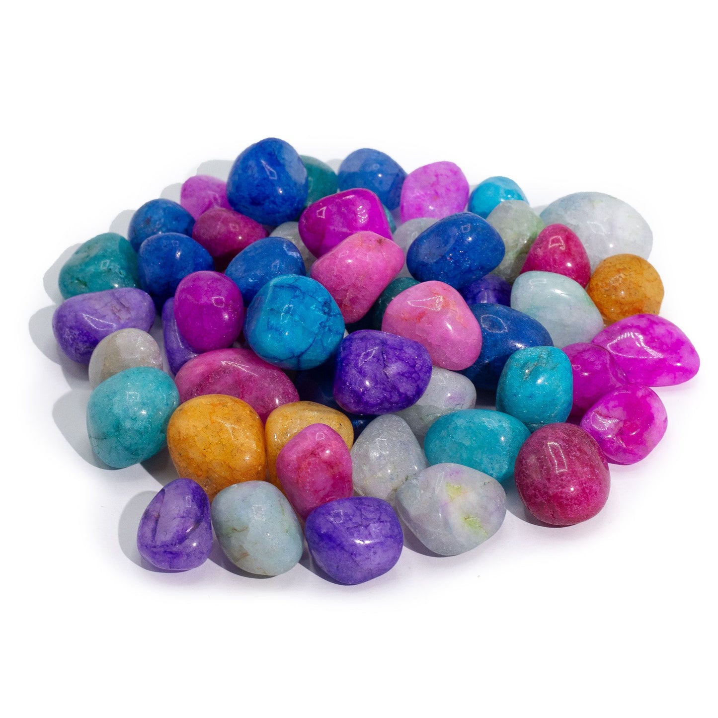 A 1kg collection of polished, multi-coloured crackle quartz gemstones in shades of blue, purple, pink, and green.