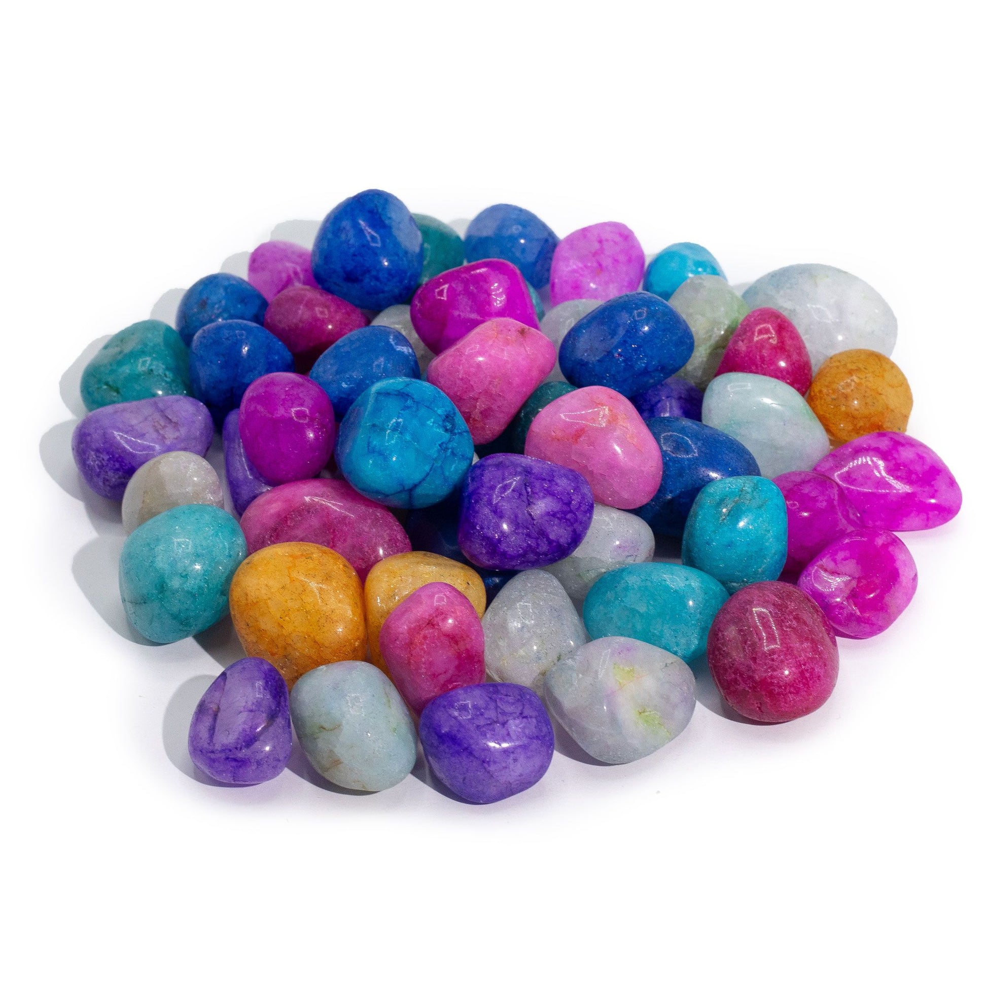 A 1kg collection of polished, multi-coloured crackle quartz gemstones in shades of blue, purple, pink, and green.