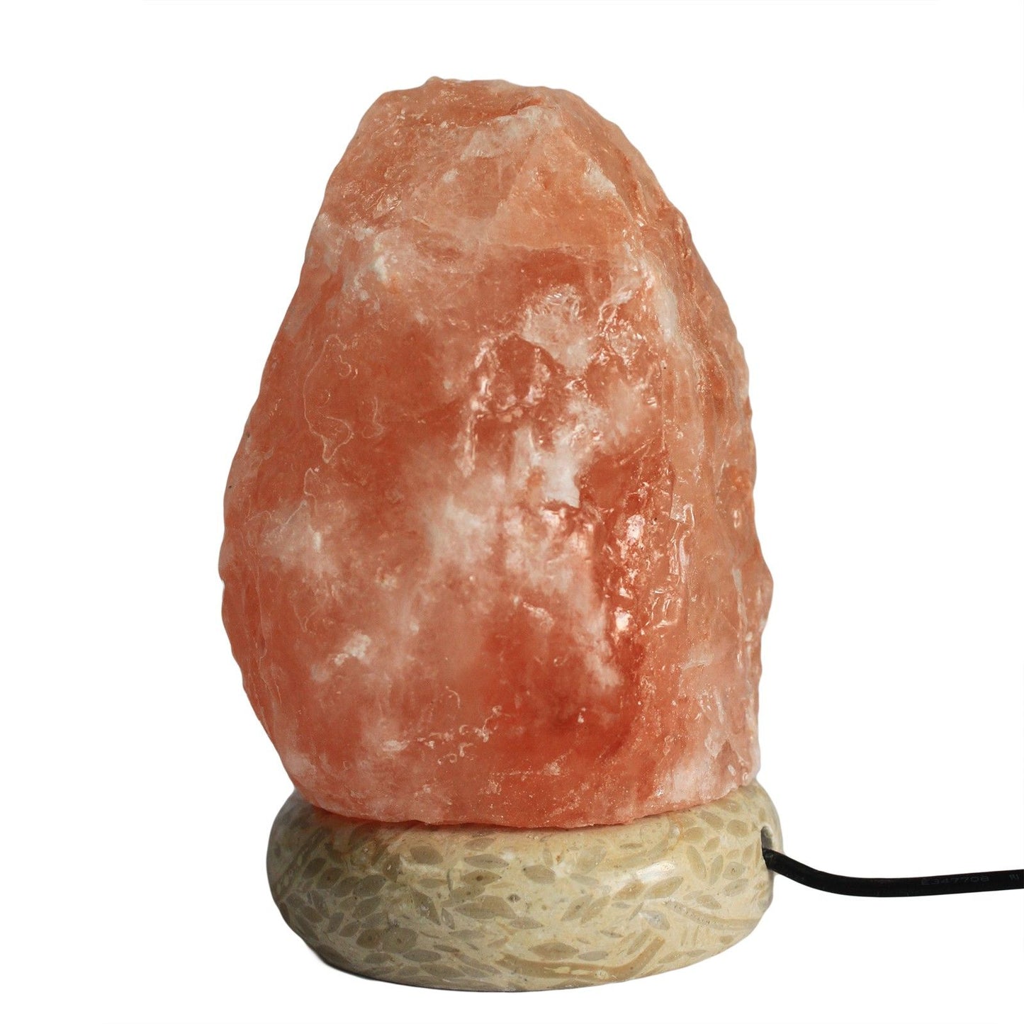Small natural Himalayan crystal salt lamp on a wooden base with a USB power cable, glowing with a warm orange light.