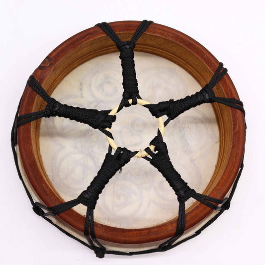 Handcrafted 25cm shamanic drum featuring a colorful seven chakra symbol design and a wooden drumstick.
