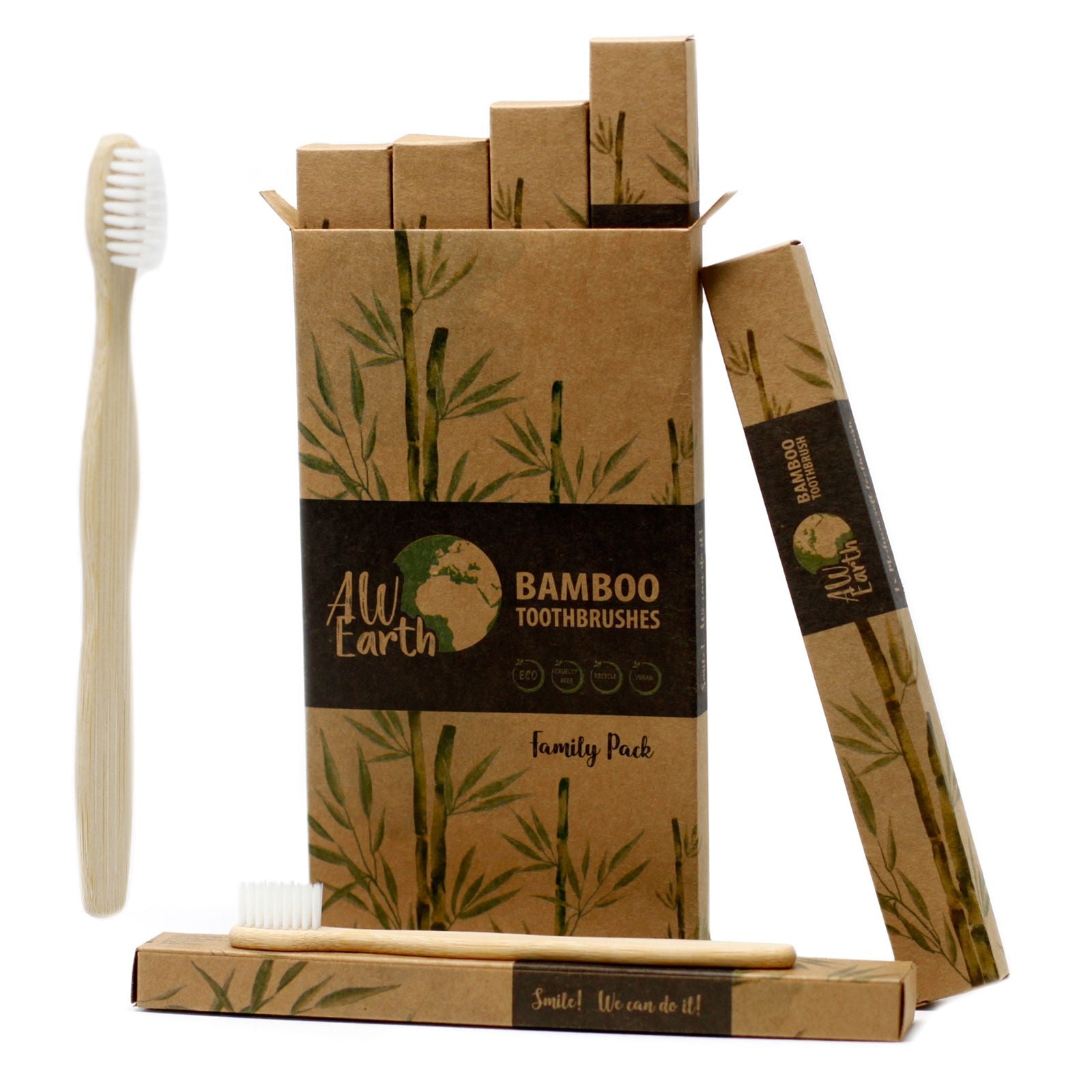 Four white bamboo toothbrushes in two sizes arranged neatly on a plain background.