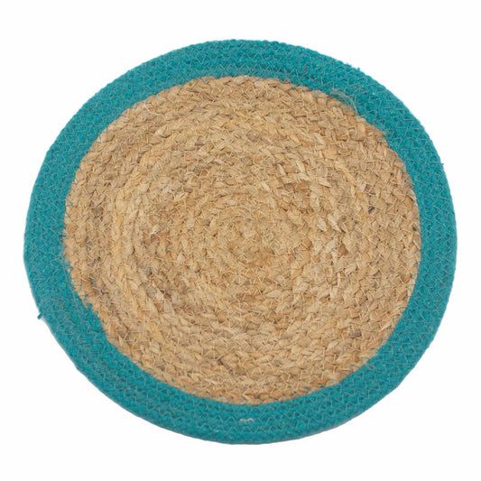 Round natural jute and cotton woven placemat featuring a decorative teal blue border on a neutral background.