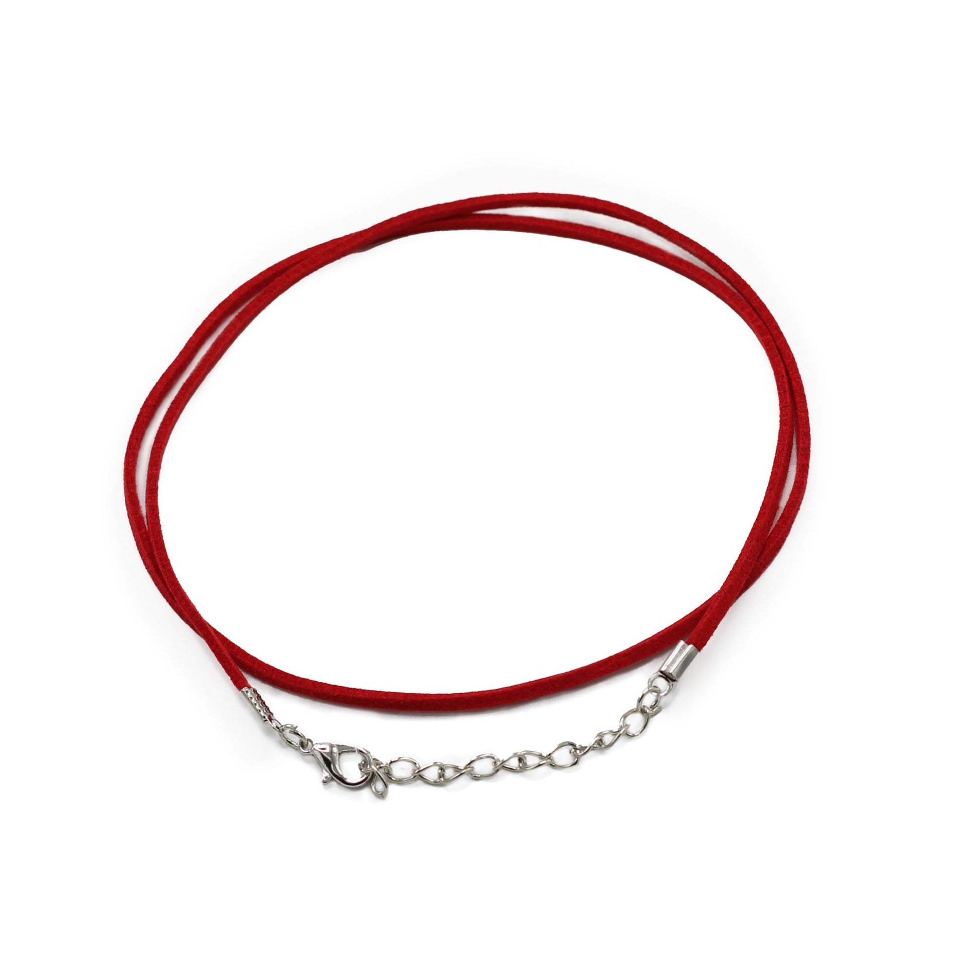 Vibrant red faux leather pendant cord with a soft suede texture and a silver-tone metal lobster clasp and chain.