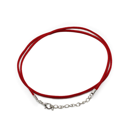 Vibrant red faux leather pendant cord with a soft suede texture and a silver-tone metal lobster clasp and chain.