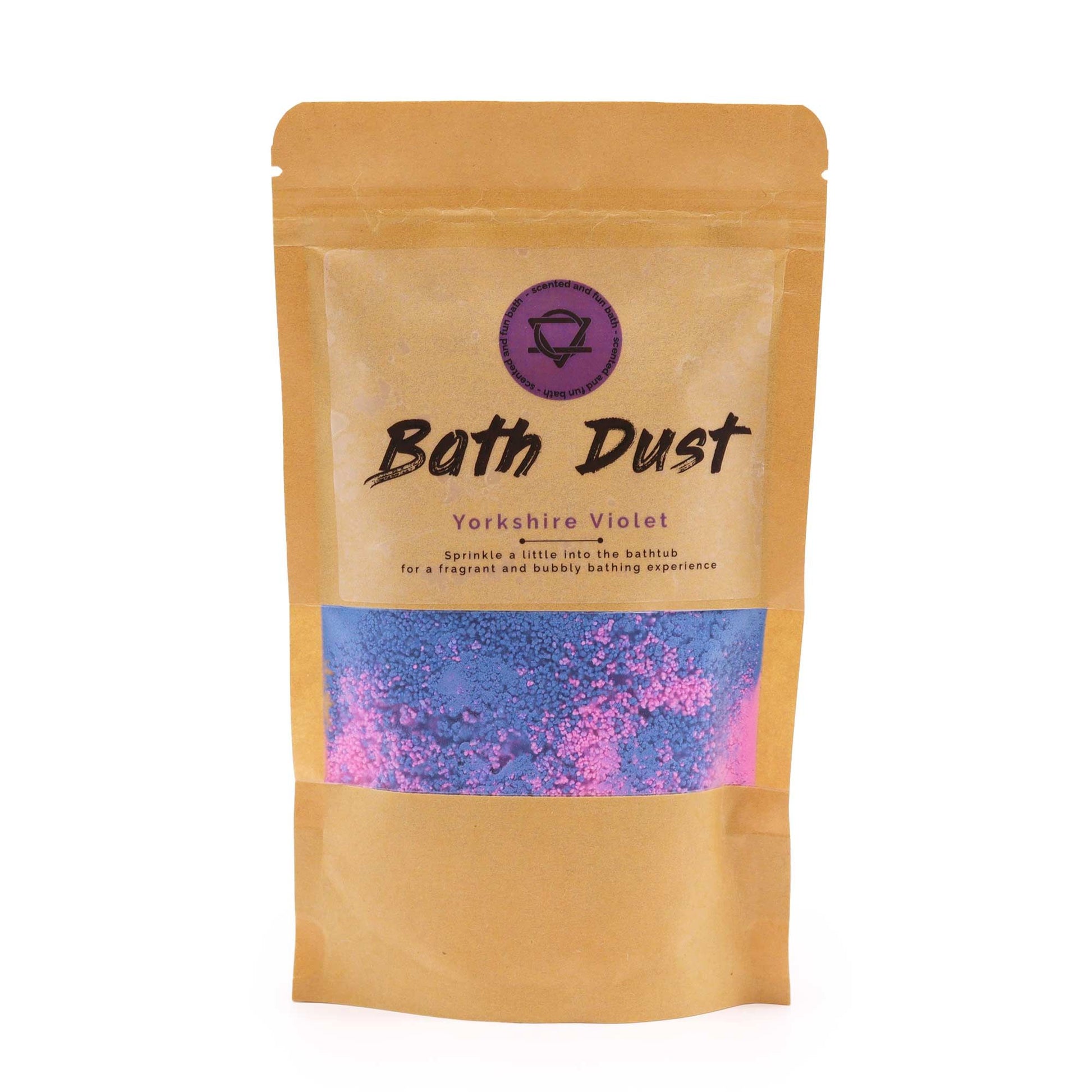 Fine purple bath dust powder in a clear container, showing a soft texture perfect for a relaxing floral-scented soak.