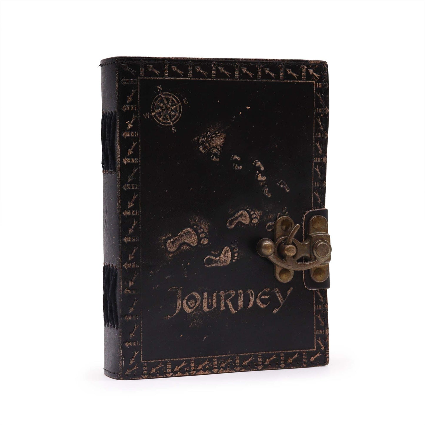 Dark tan embossed leather journal featuring a compass and footprints design with a vintage-style metal clasp.