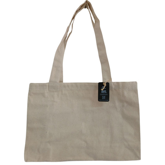 Simple and durable natural cotton tote bag with sturdy handles on a plain background.
