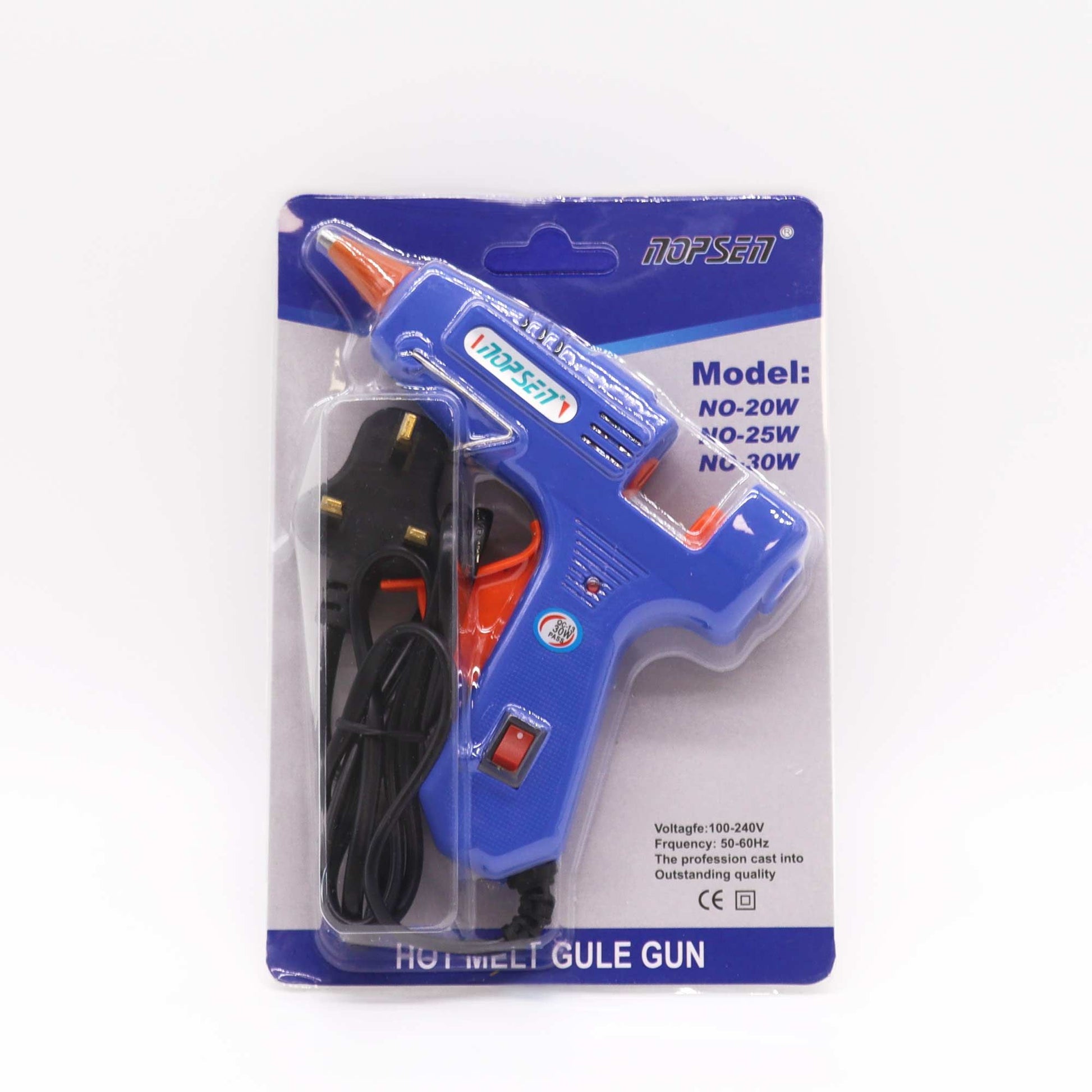 Sleek mini hot glue gun with a UK plug and ergonomic trigger designed for precise crafting and hobby projects.