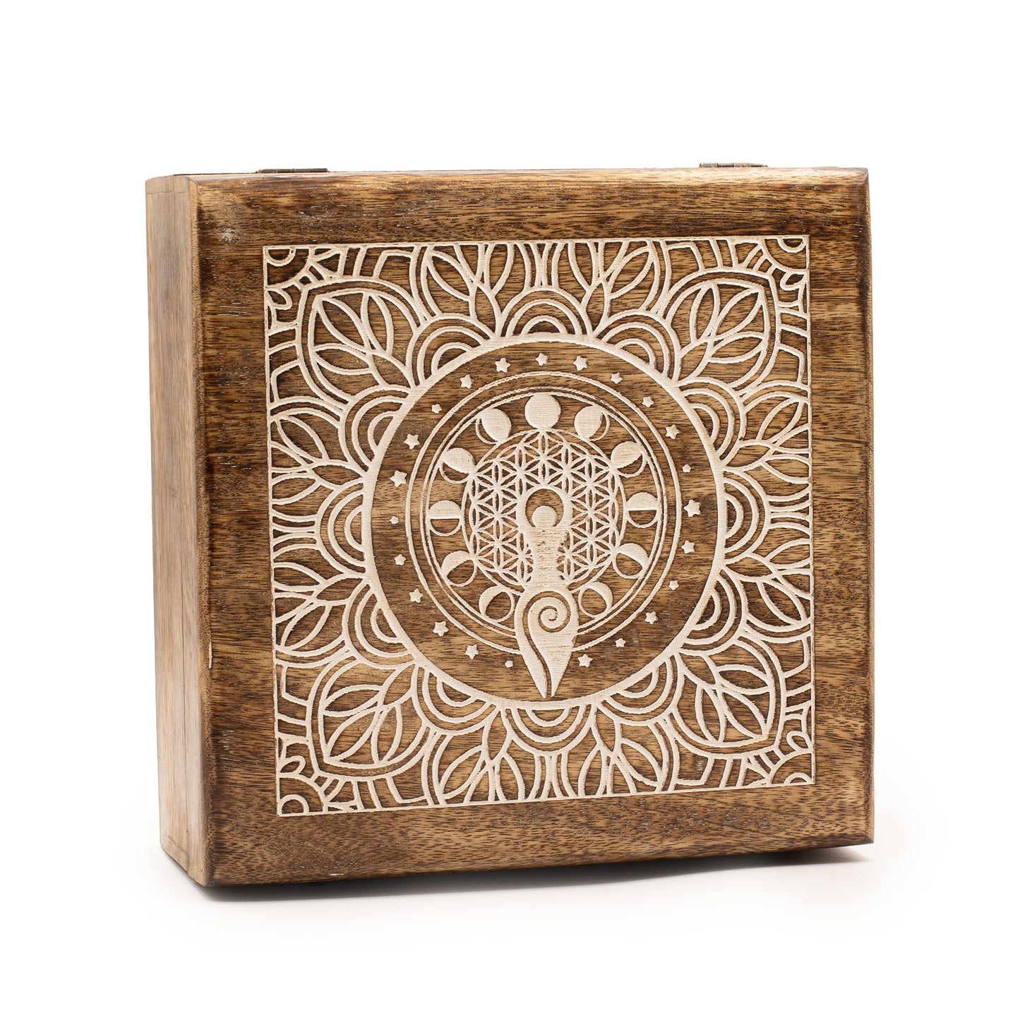 Hand-carved extra large mango wood box featuring a Moon Goddess engraving within a floral mandala and lunar phases.