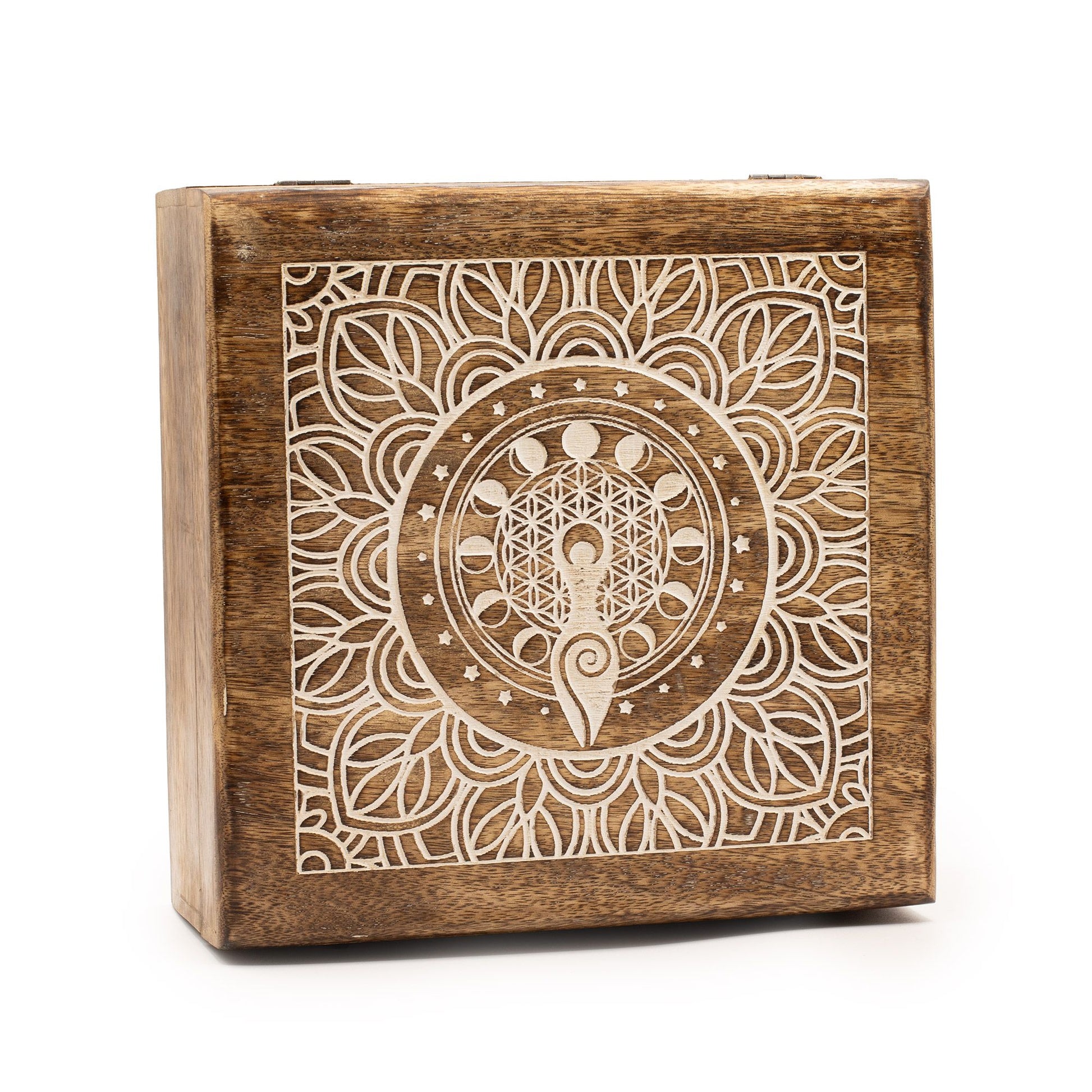 Hand-carved extra large mango wood box featuring a Moon Goddess engraving within a floral mandala and lunar phases.