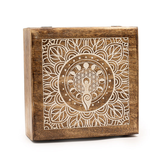 Hand-carved extra large mango wood box featuring a Moon Goddess engraving within a floral mandala and lunar phases.