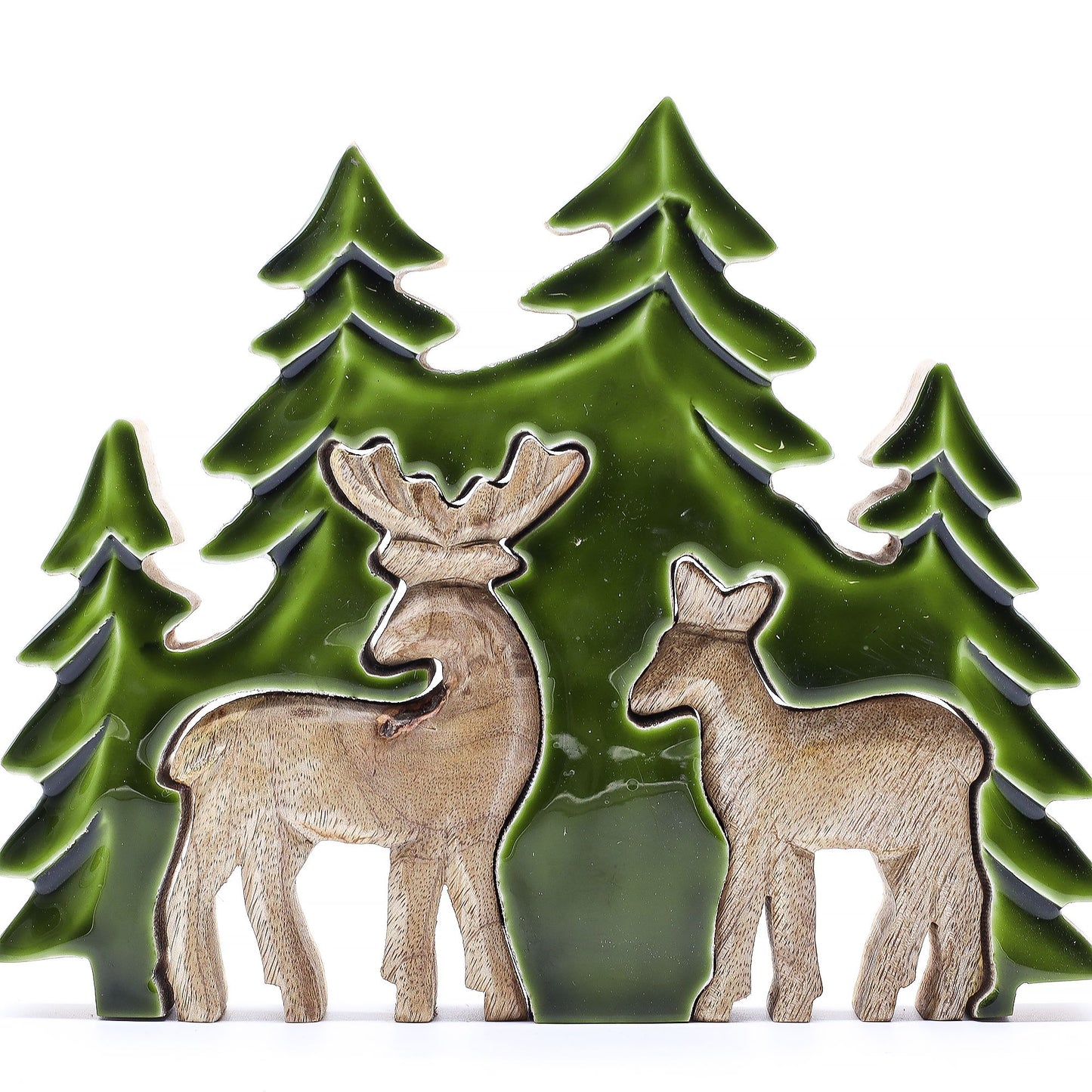 Hand-carved 3D mango wood decoration featuring two deer in a forest with deep green enamel accents.
