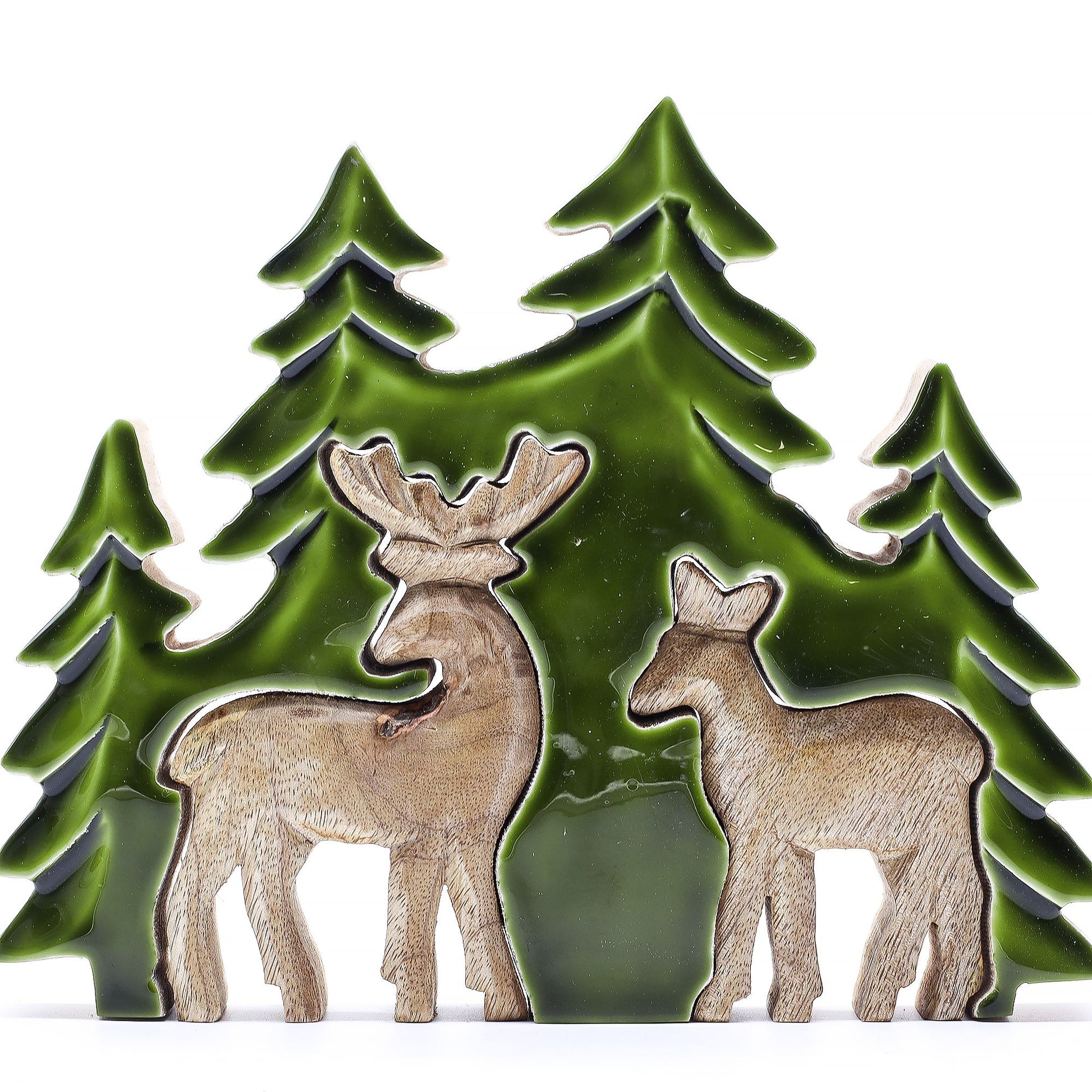 Hand-carved 3D mango wood decoration featuring two deer in a forest with deep green enamel accents.