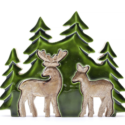 Hand-carved 3D mango wood decoration featuring two deer in a forest with deep green enamel accents.