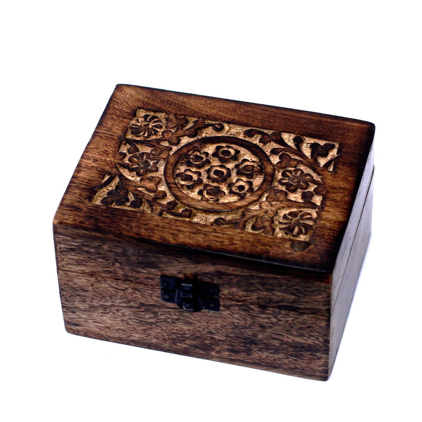 Hand-carved mango wood aromatherapy storage box with a decorative floral design and slots for twelve essential oil bottles.