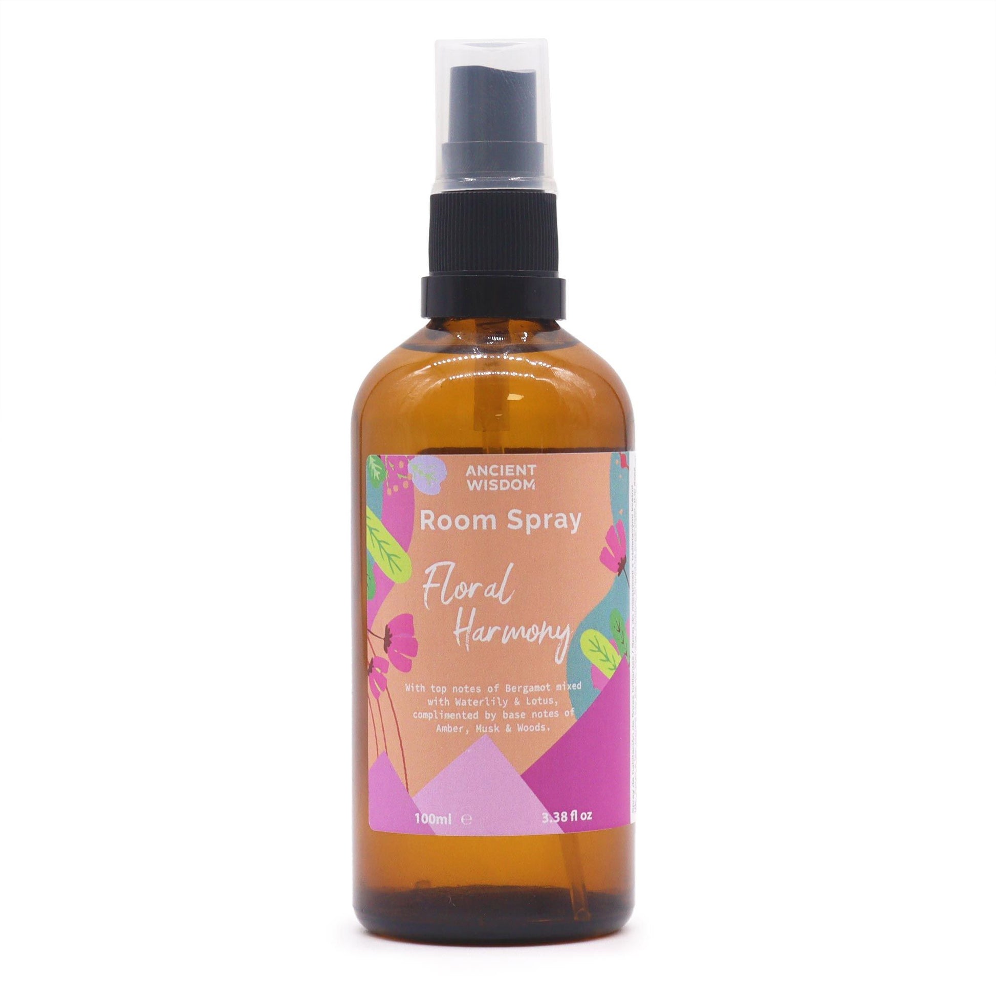Clear 100ml spray bottle with a floral label featuring a serene blend of garden botanicals.