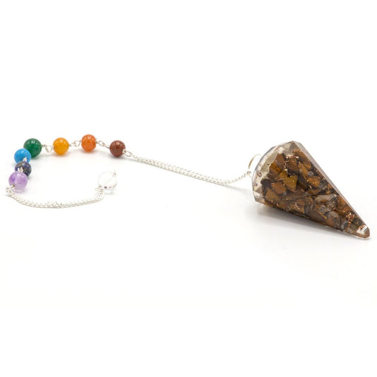 Golden-brown Tiger Eye orgonite pendulum with a pointed design and silver-tone chain for divination and chakra balancing.