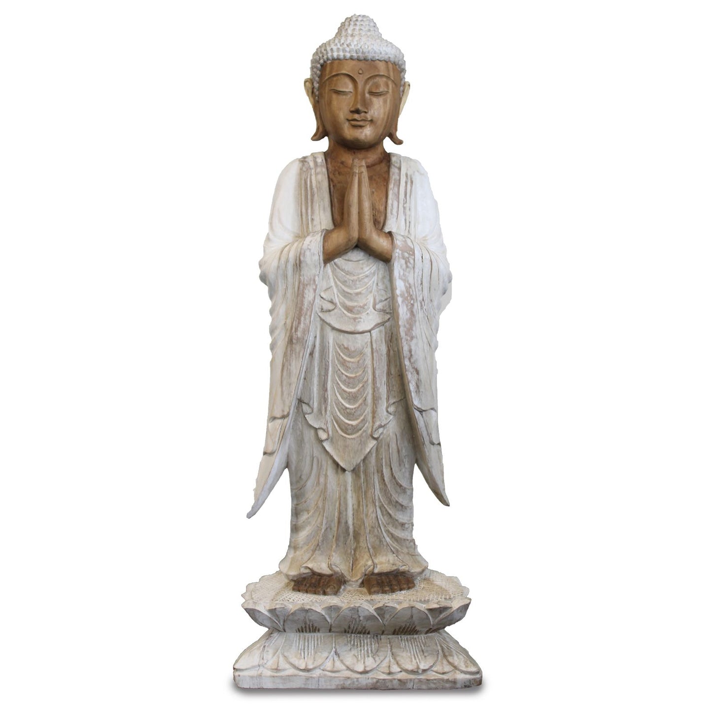 Large hand-carved standing Buddha statue with a distressed whitewash finish, positioned in a welcoming gesture.