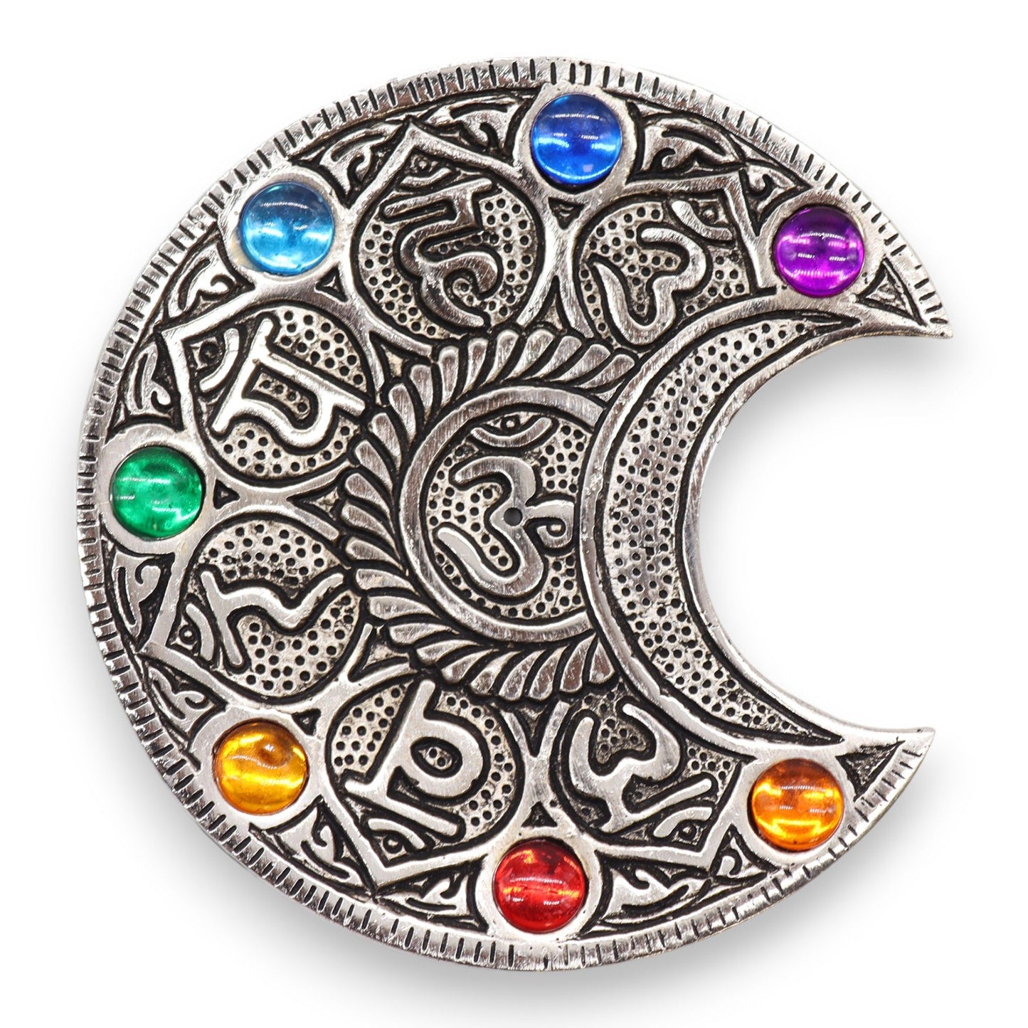 Handcrafted silver aluminium crescent moon incense holder featuring seven colourful chakra stones along the curve.