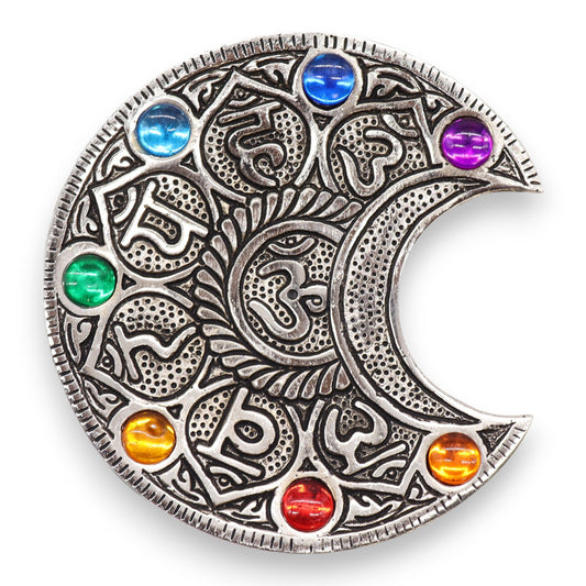 Handcrafted silver aluminium crescent moon incense holder featuring seven colourful chakra stones along the curve.
