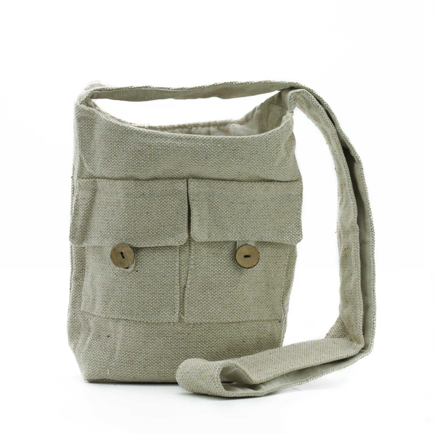 Minimalist medium-sized cotton tote bag in a natural cream colour featuring two front pockets and sturdy handles.