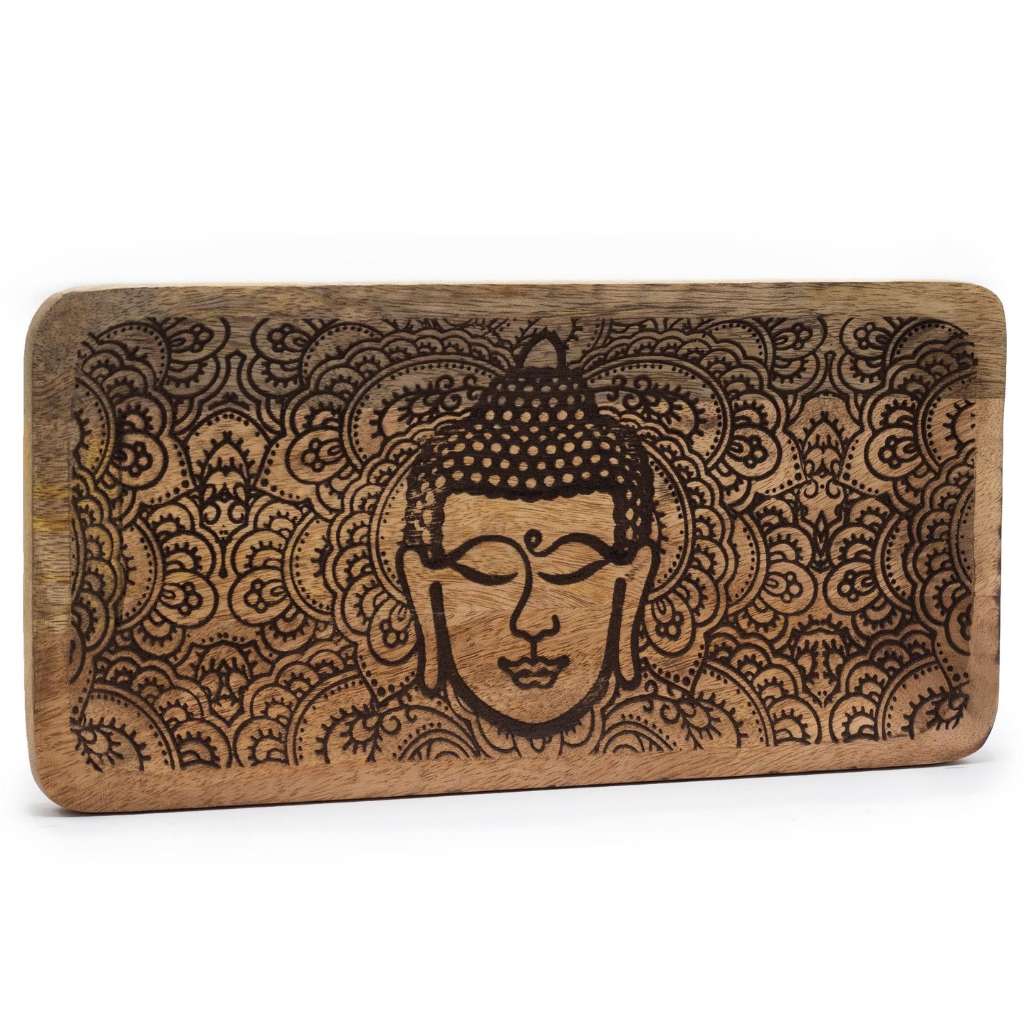 Long rectangular black wooden tray featuring an intricately engraved Buddha face design with a smooth matte finish.