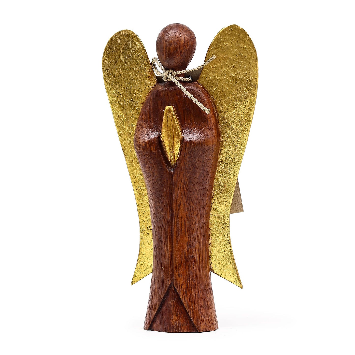 Hand-carved wooden guardian angel figurine with wings, standing 20cm tall, crafted from natural suar wood.