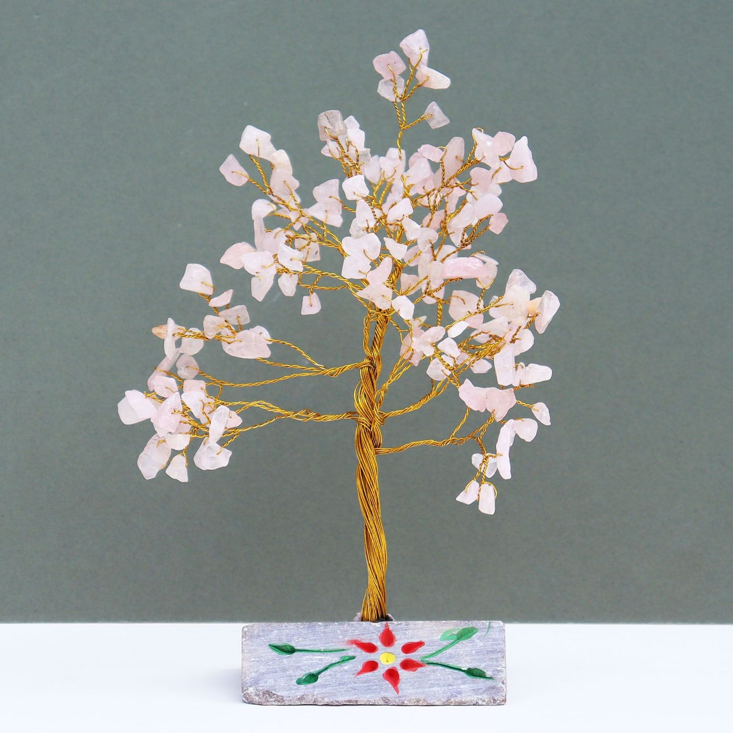 Handmade Rose Quartz gemstone tree with 160 polished pink stones on adjustable wire branches and a natural crystal base.
