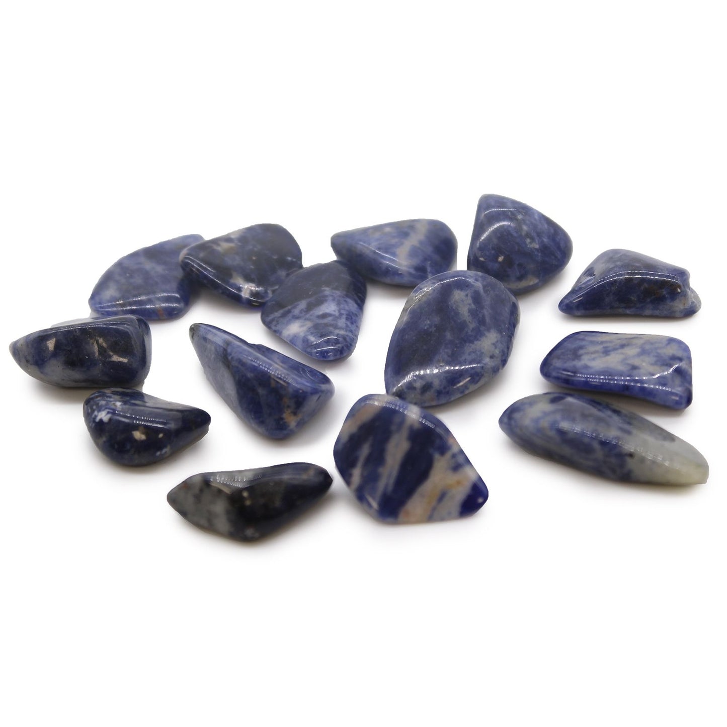Smooth, polished medium-sized Sodalite tumble stone featuring deep blue hues with white calcite veining.