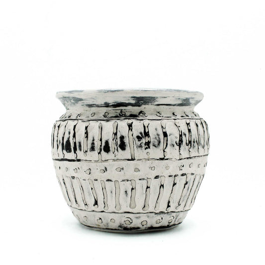 Handmade cream-coloured clay plant pot featuring a classical Greek inspired design with a smooth textured finish.