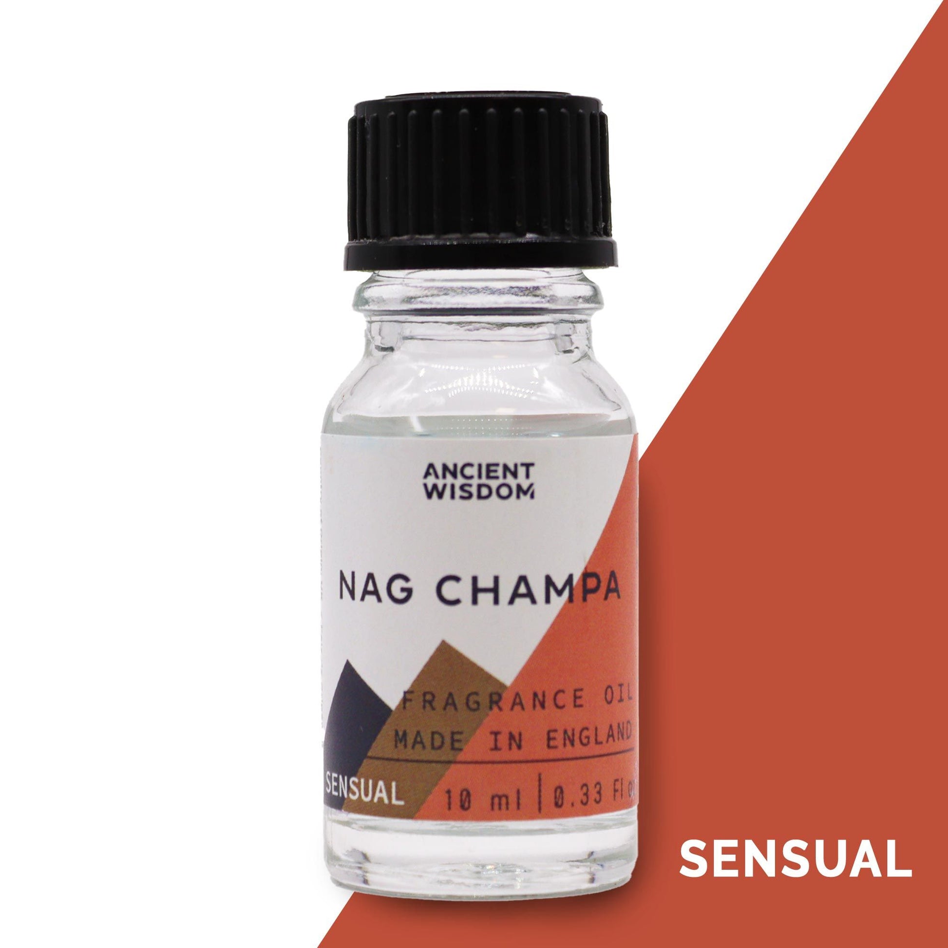 Small amber glass bottle of Nag Champa fragrance oil with a white label and black dropper cap.