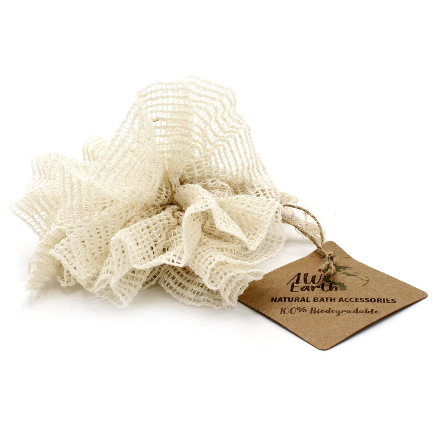Close-up of a textured beige natural rami fibre bath scrunchy for gentle skin exfoliation.