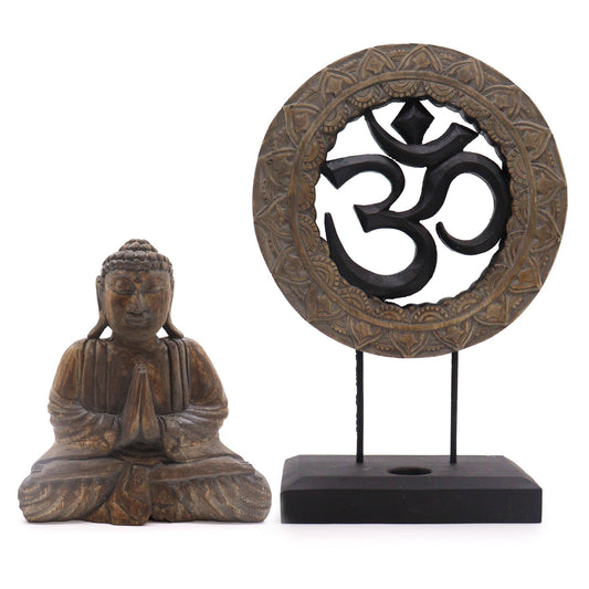 Sophisticated grey and black Buddha figurine set featuring a prominent Om symbol for spiritual home decor.