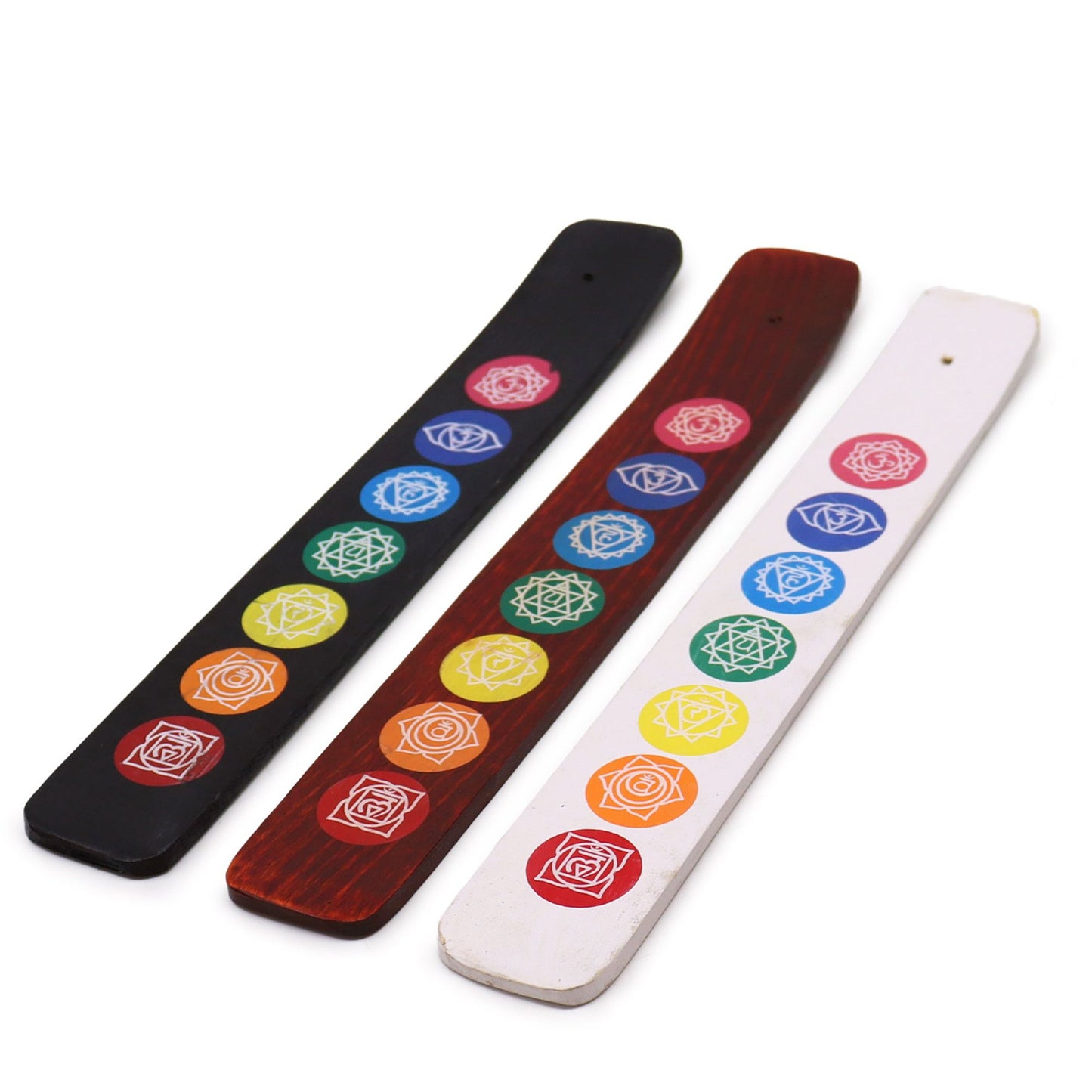 Long wooden incense ashcatcher featuring colourful chakra symbols on a black, brown, and white background.