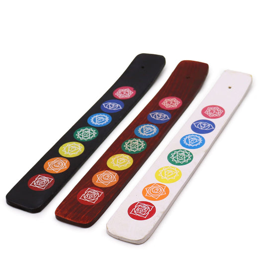 Long wooden incense ashcatcher featuring colourful chakra symbols on a black, brown, and white background.