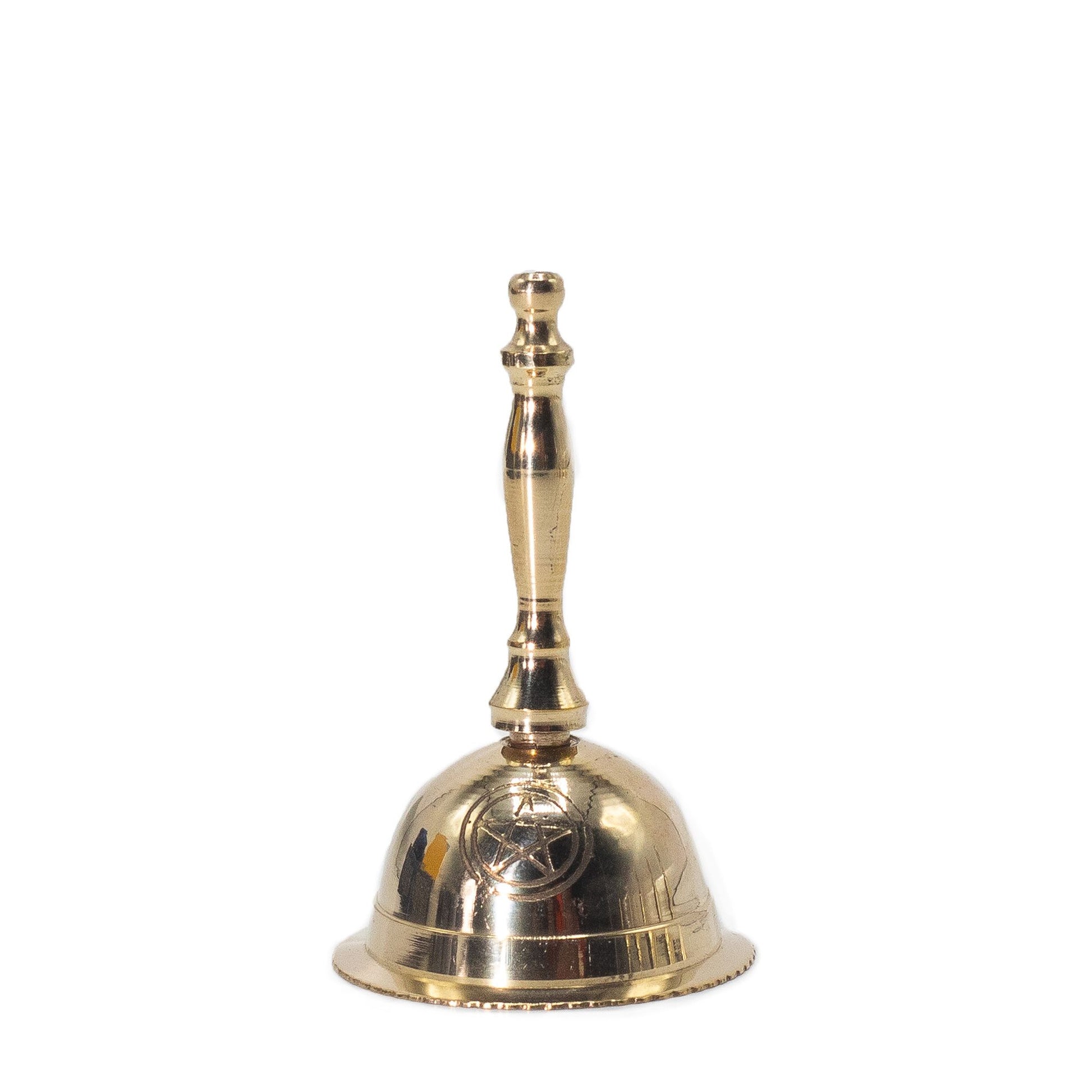 Compact polished brass altar bell with an engraved Penta Moon design and traditional handle.