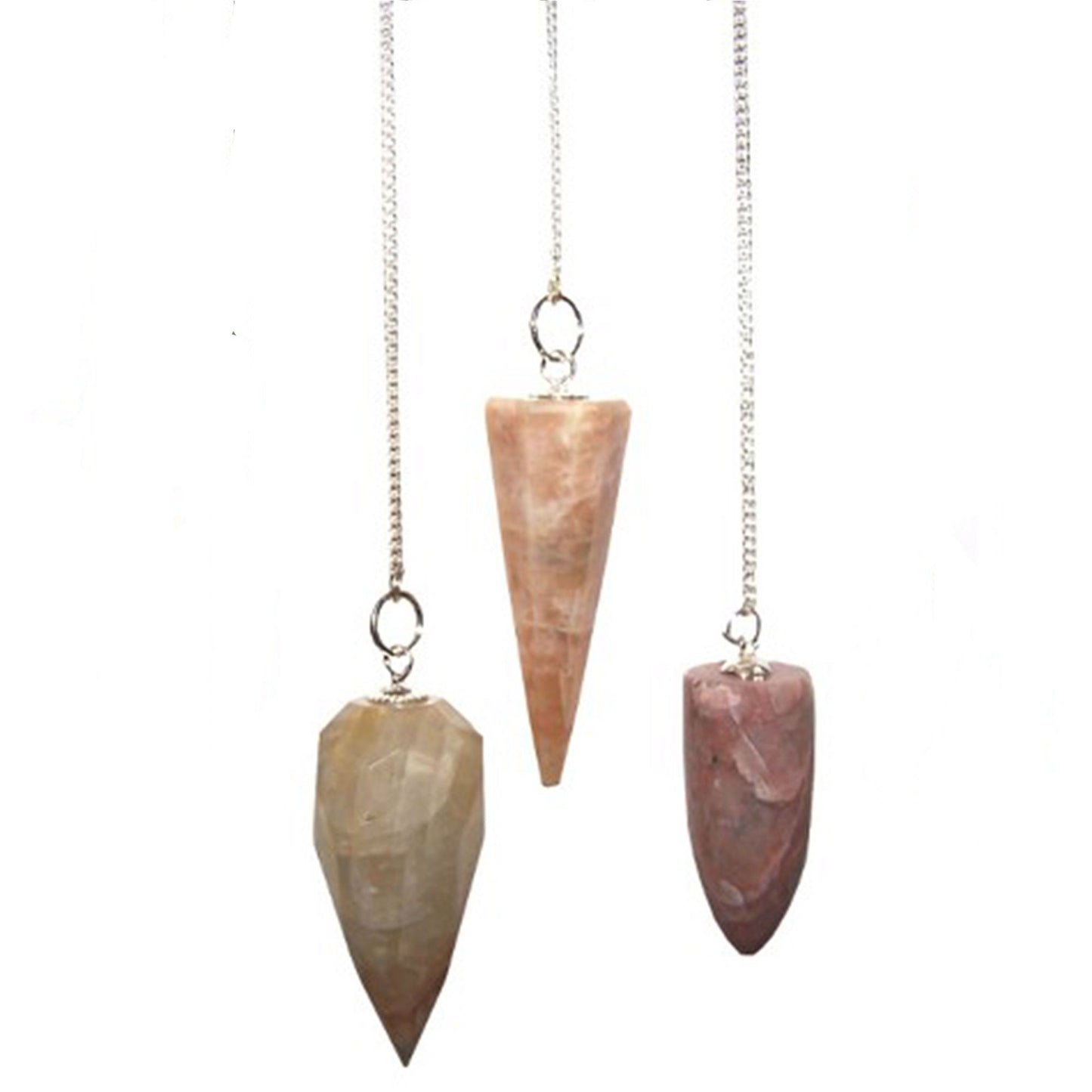 Elegant teardrop-shaped moonstone pendulum suspended from a silver-toned metal chain.