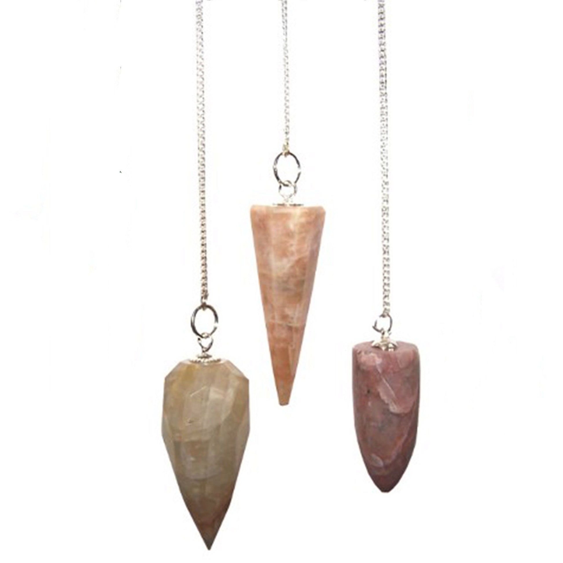 Elegant teardrop-shaped moonstone pendulum suspended from a silver-toned metal chain.