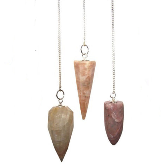 Elegant teardrop-shaped moonstone pendulum suspended from a silver-toned metal chain.