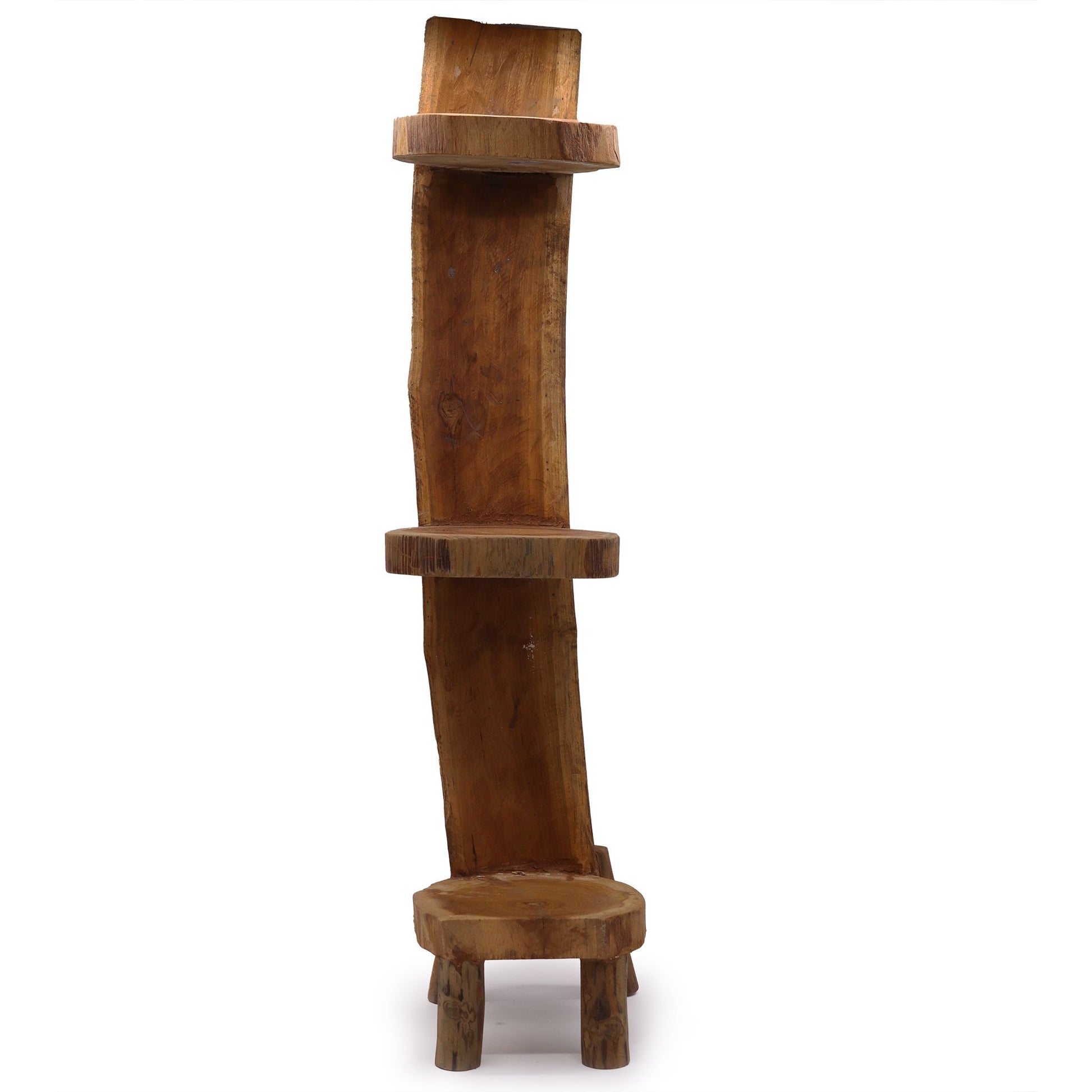 Rustic 100cm high display unit featuring three shelves made from natural teak logs with organic wood grain textures.