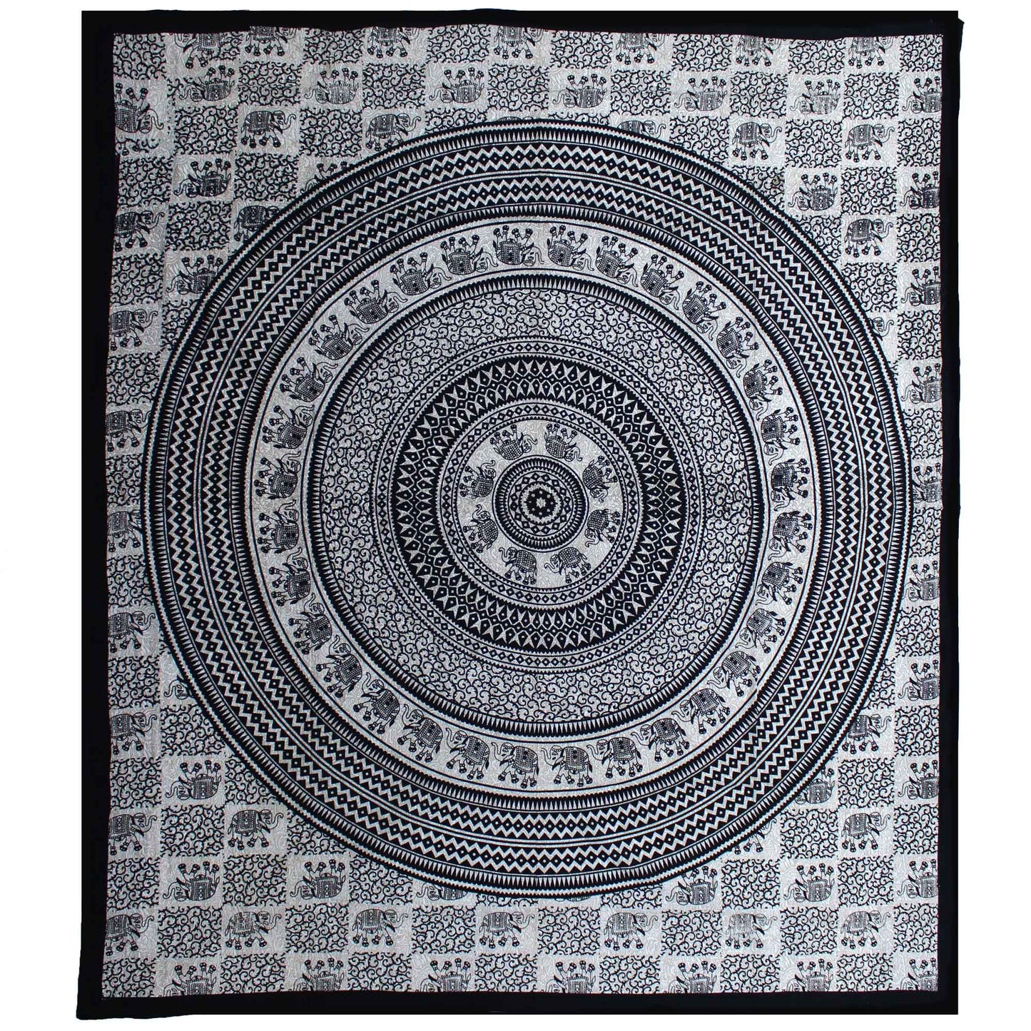 Large monochrome double cotton bedspread featuring a detailed elephant mandala design in black and white.