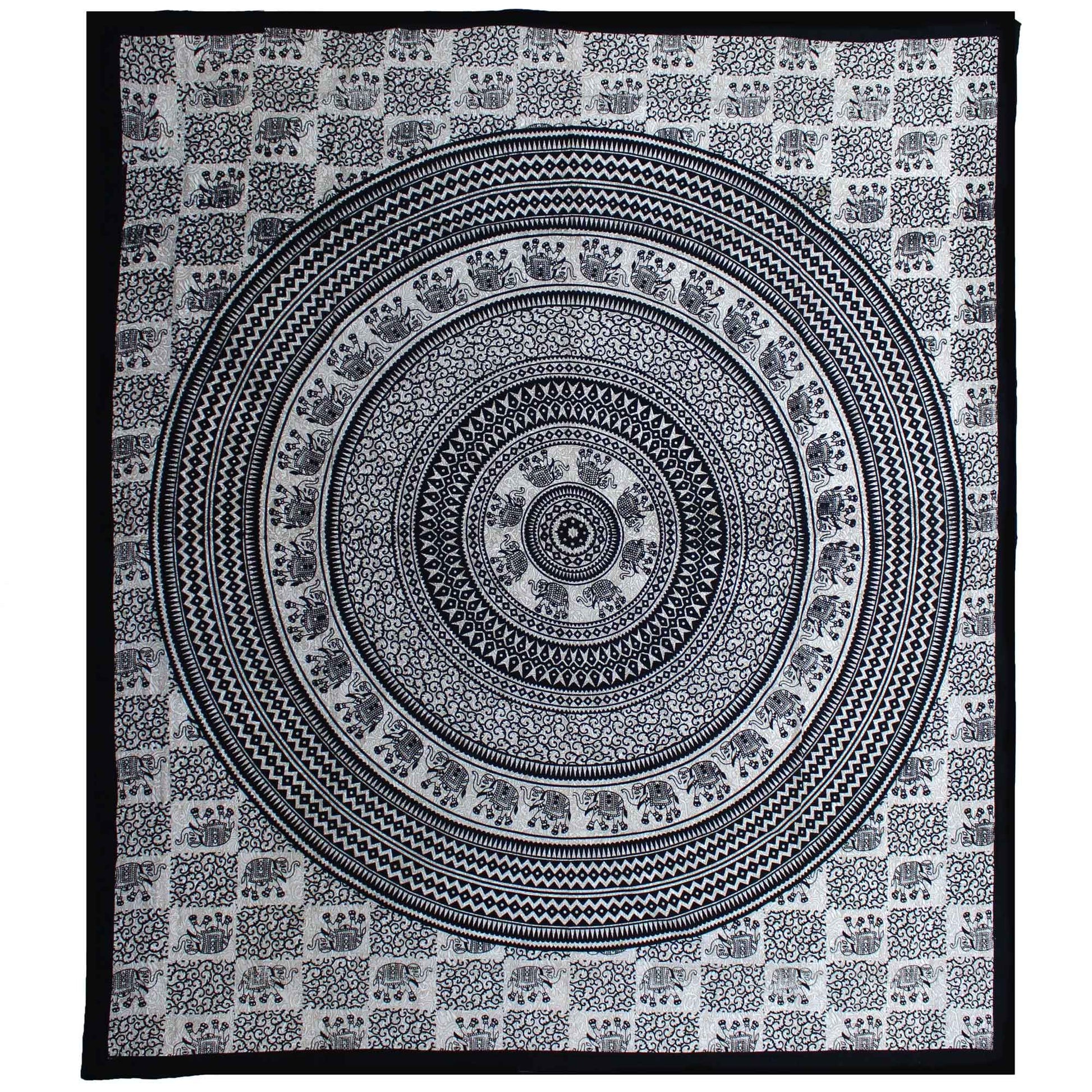 Large monochrome double cotton bedspread featuring a detailed elephant mandala design in black and white.