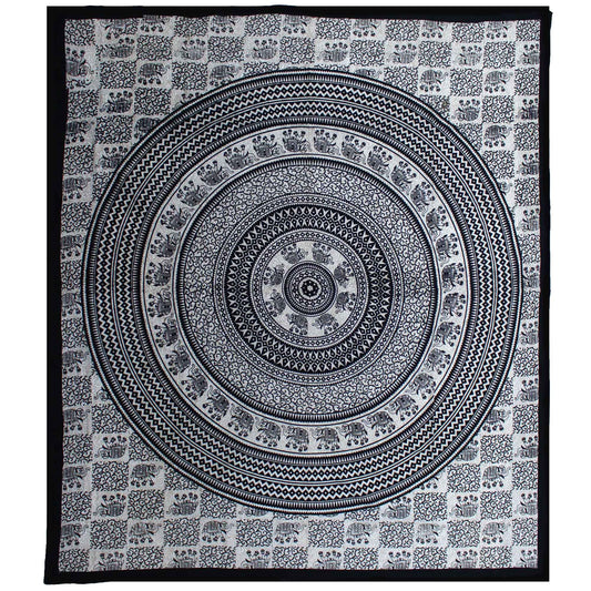 Large monochrome double cotton bedspread featuring a detailed elephant mandala design in black and white.