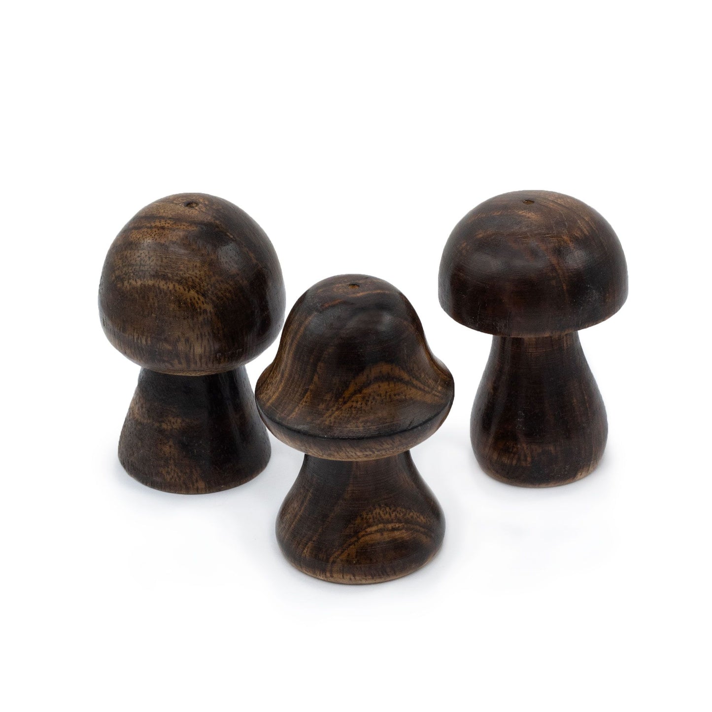 Set of three whimsical mini ceramic mushroom incense holders in varying heights on a neutral background.