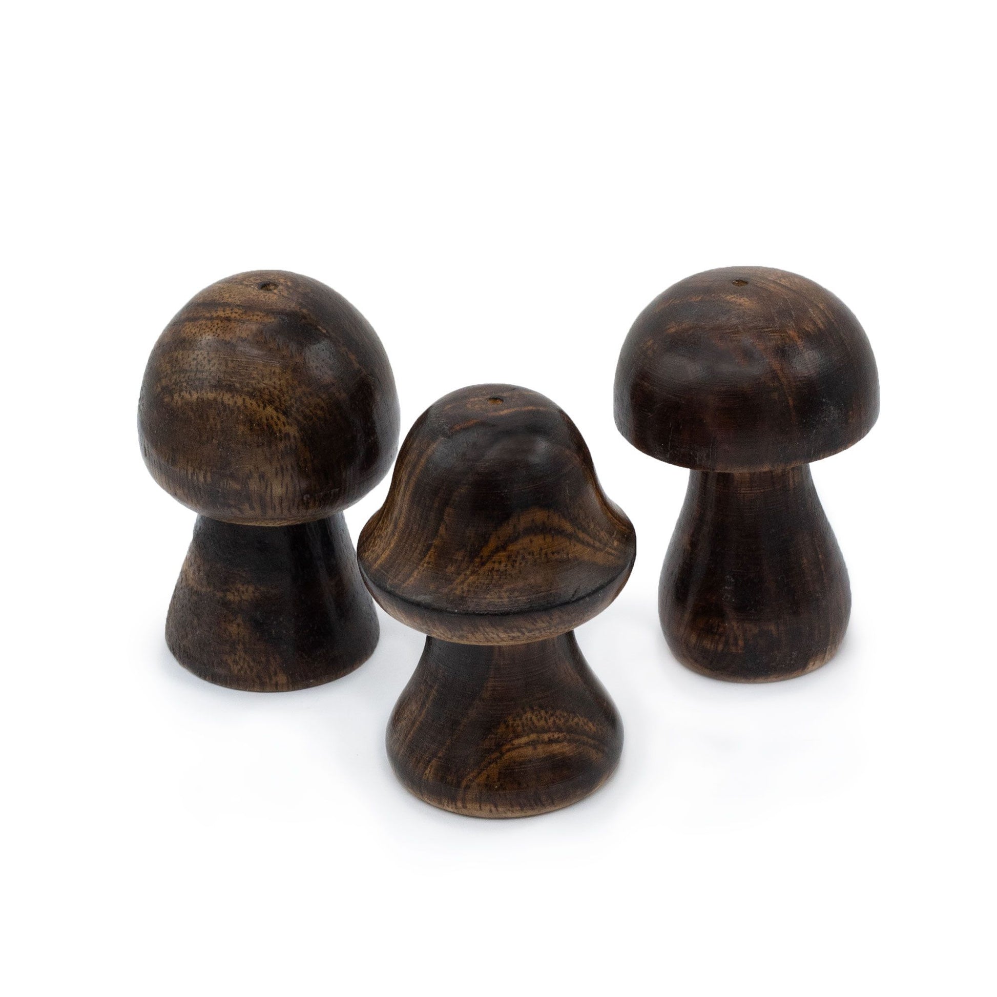 Set of three whimsical mini ceramic mushroom incense holders in varying heights on a neutral background.