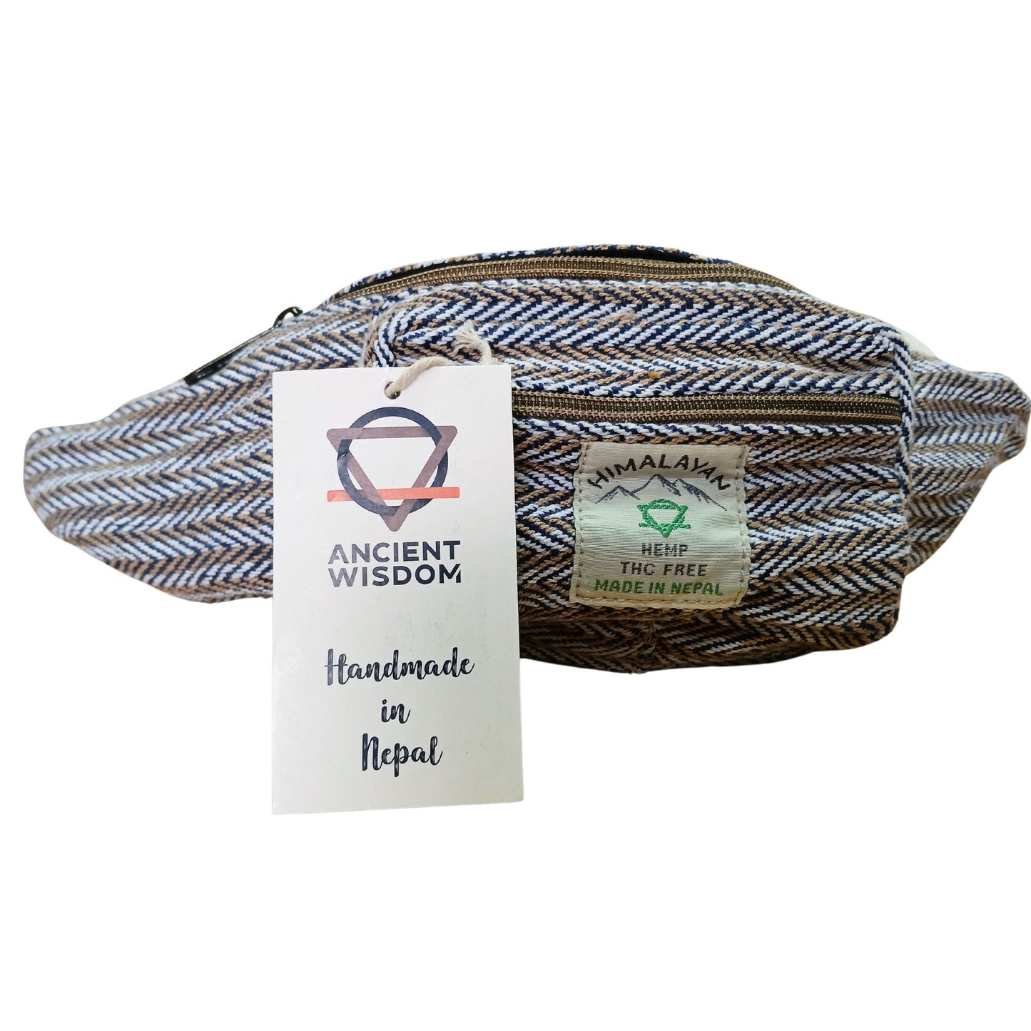 Adjustable blue cotton hemp style belt bag with multiple zip compartments and a durable strap.